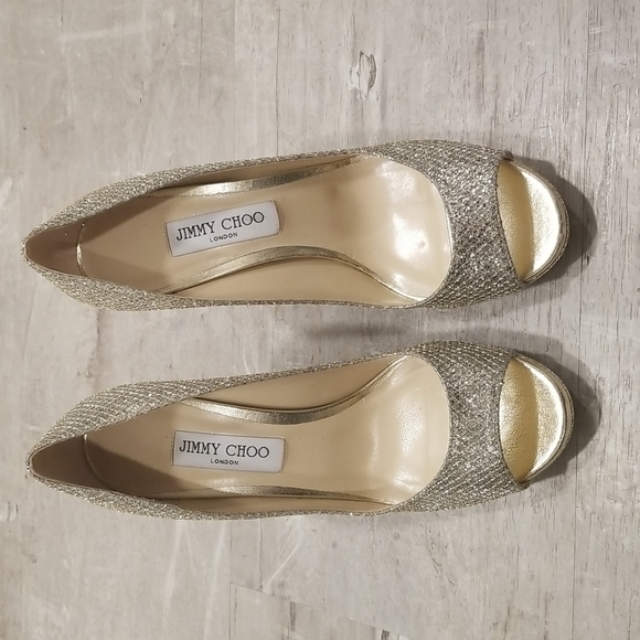 💕JIMMY CHOO💕 Metallic Luna 100 Champagne Glitter Fabric Peep Toe Platform Pump - Picture 9 of 16